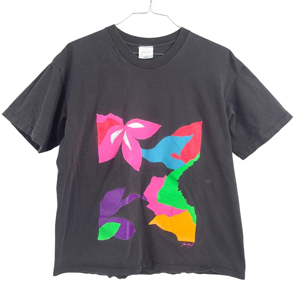 Gilda Marx Vintage 80s Jazzercise Aerobics Abstract Graphic Tee Black Faded Neon